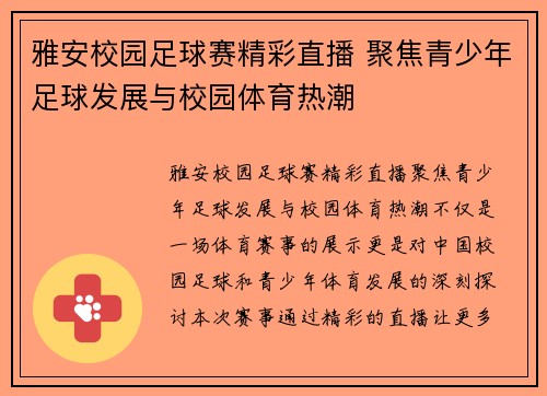 雅安校园足球赛精彩直播 聚焦青少年足球发展与校园体育热潮